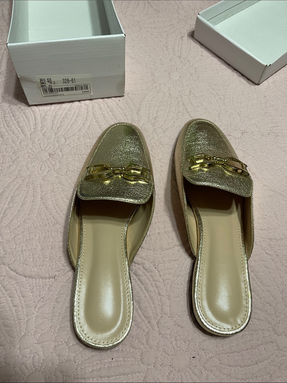 Metallic Gold Slip-On Women's Mules with Chain Accent
